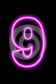 Neon pink number 9 on black background. Serial number, price, place