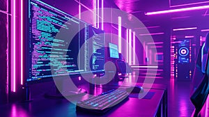 Neon Pink Purple Coding Room Programmer Workspace Computer Setup