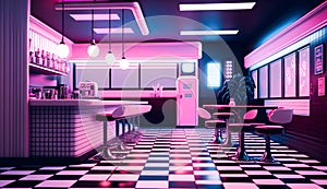 Neon pink retro diner interior with bar stools end checkerboard floor