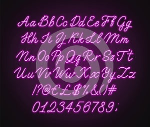 Neon pink script alphabet. Glowing cursive font with letters, numbers and special characters.