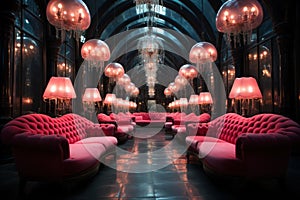 Neon Pink Velvet Sofas and Shimmering Crystal Chandeliers in a 1970s Discotheque. Generative Ai