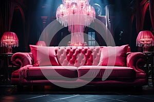 Neon Pink Velvet Sofas and Shimmering Crystal Chandeliers in a 1970s Discotheque. Generative Ai