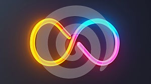 Neon pink, yellow and blue infinity symbol on black background. AI Generated