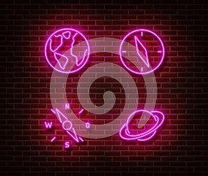 Neon planet sign vector isolated on brick wall.