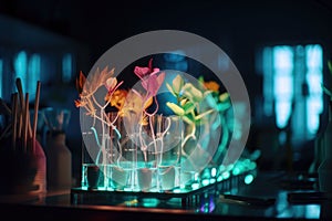 neon plant growing in science laboratory, with beakers and test tubes in the background