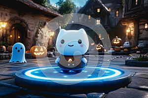 Neon platform with playful Halloween characters in a pastel space, glowing empty center photo