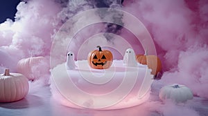 Neon platform with playful Halloween characters in a pastel space, glowing empty center photo