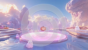 Neon platform with playful Halloween characters in a pastel space, glowing empty center photo