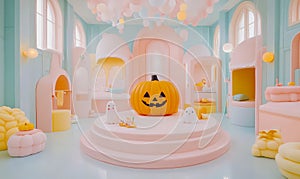 Neon platform with playful Halloween characters in a pastel space, glowing empty center photo