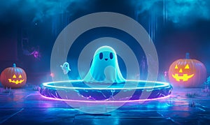 Neon platform with playful Halloween characters in a pastel space, glowing empty center photo