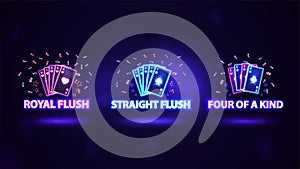 Neon poker hand rankings signs. Pink and blue shine neon casino playing cards