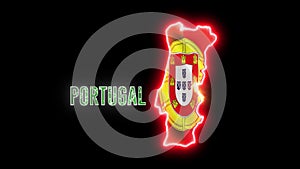 Neon Portugal map with neon shiny glowing text PORTUGAL. and Portugese flag