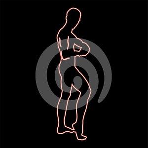 Neon posing bodybuilder silhouette bodybuilding concept icon red color vector illustration image flat style