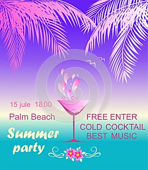 Neon poster for summer beach party invitation with coconut palm leaves, martini wineglass, frangipani flowers on sunset