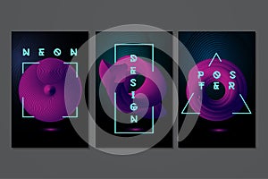 Neon posters sets with 3d objects. Futuristic minimal backrounds. Abstract modern design. Vector template. photo