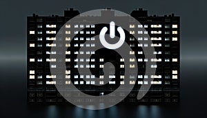Neon Power Symbol on Urban High-rise Building. Earth Hour, Ecology Concept. Global Awakening