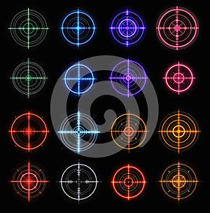 Neon Precision Suite, featuring futuristic reticles, crosshairs, and target screens in various colors photo