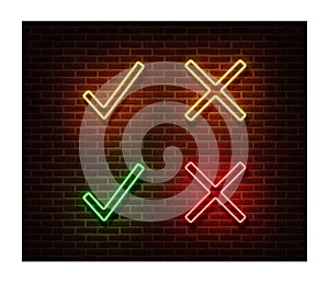 Neon proof, denied signs vector isolated on brick wall. Check light symbol, decoration effect. Neon