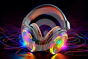 Neon psychedelic 1980\'s wired headphones.