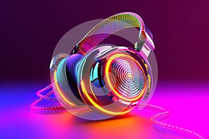 Neon psychedelic 1980\'s wired headphones.