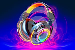 Neon psychedelic 1980\'s wired headphones.