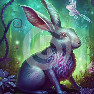 Neon psychedelic rabbit in enchanted forest. Generative AI. Not based on any actual scene or pattern