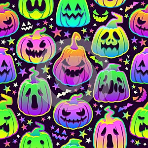 Neon pumpkin pattern. Halloween pumpkins seamless background, multicolor scary ghost faces prints fall season