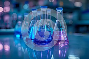 Neon purple glass flask in blue research chemistry or medical lab. Laboratory glassware, test tube and beaker