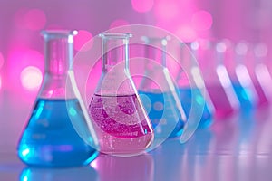 Neon purple glass flask in blue research chemistry or medical lab. Laboratory glassware, test tube and beaker