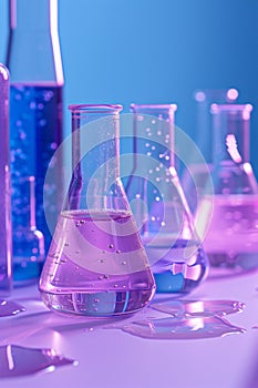 Neon purple glass flask in blue research chemistry or medical lab. Laboratory glassware, test tube and beaker