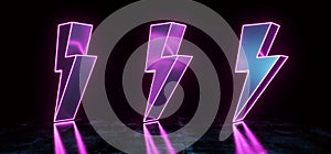 Neon Purple Glowing Futuristic Sci Fi Modern Lightning Bolt High Voltage Shapes In Dark Concrete Reflective Grunge Room Empty
