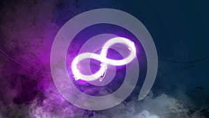 Neon purple infinity sign glowing on marble wall, looped switch