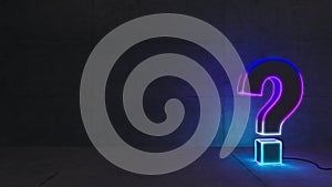 Neon question mark with concrete wall 3D rendering