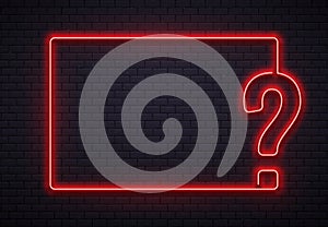 Neon question mark frame. Quiz lighting, interrogation point red neon lamp on bricks wall texture background 3d vector photo