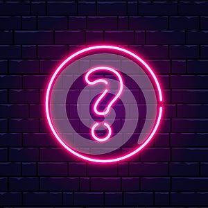 Neon question mark. Glowing pink question sign. Color neon banner on brick wall. Realistic bright night signboard