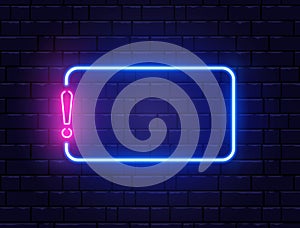 Neon quiz banner. Glowing exclamation mark. Color neon banner on brick wall. Realistic bright night signboard. Shining photo