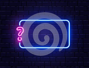 Neon quiz banner. Glowing question mark. Color neon banner on brick wall. Realistic bright night signboard. Shining neon photo