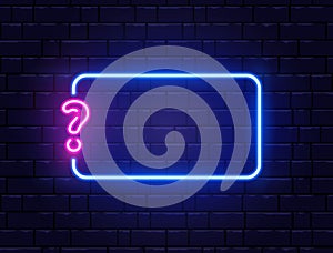 Neon quiz banner. Glowing question mark. Color neon banner on brick wall. Realistic bright night signboard. Shining neon