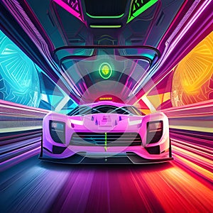 Neon race sports car light cyberpunk purple yellow  background ai generative art