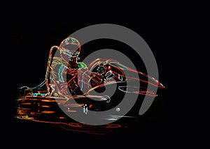 Neon racer sitting on a go-kart. Place for an inscription photo