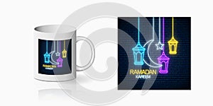 Neon ramadan islam holy month symbol for cup design. Ramadan fanus lanterns, star and crescent design