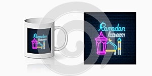 Neon ramadan islam holy month symbol for cup design. Ramadan greeting text with fanus lantern and mosque design