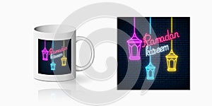 Neon ramadan islam holy month symbol for cup design. Ramadan greeting text with fanus lanterns design on mug mockup