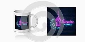 Neon ramadan islamic holy month symbol for cup design. Ramadan kareem greeting text with fanus lantern star and crescent