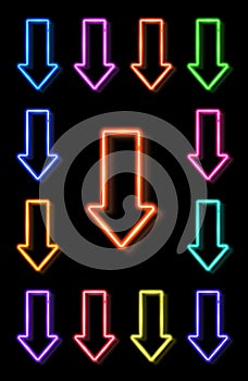 Neon realistic arrows set showing down direction.