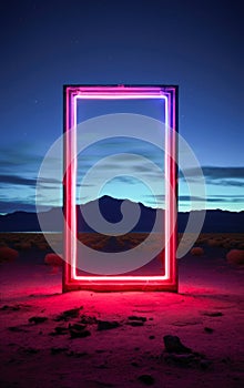 Neon rectangle frame displayed in the desert. Futuristic copy space background.