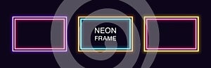 Neon rectangle Frame. Set of rectangular neon Border with double outline. Vector geometric shape