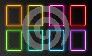 Neon rectangular frames, glowing borders set, colorful futuristic UI design elements.