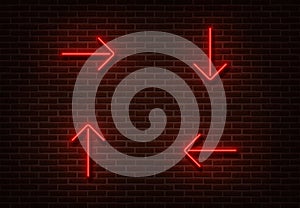 Neon red arrows isolated on brick wall. Light direction sign effect. Neon arrows vector illustration
