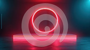 Neon Red Circle and Platform in Dark Room.